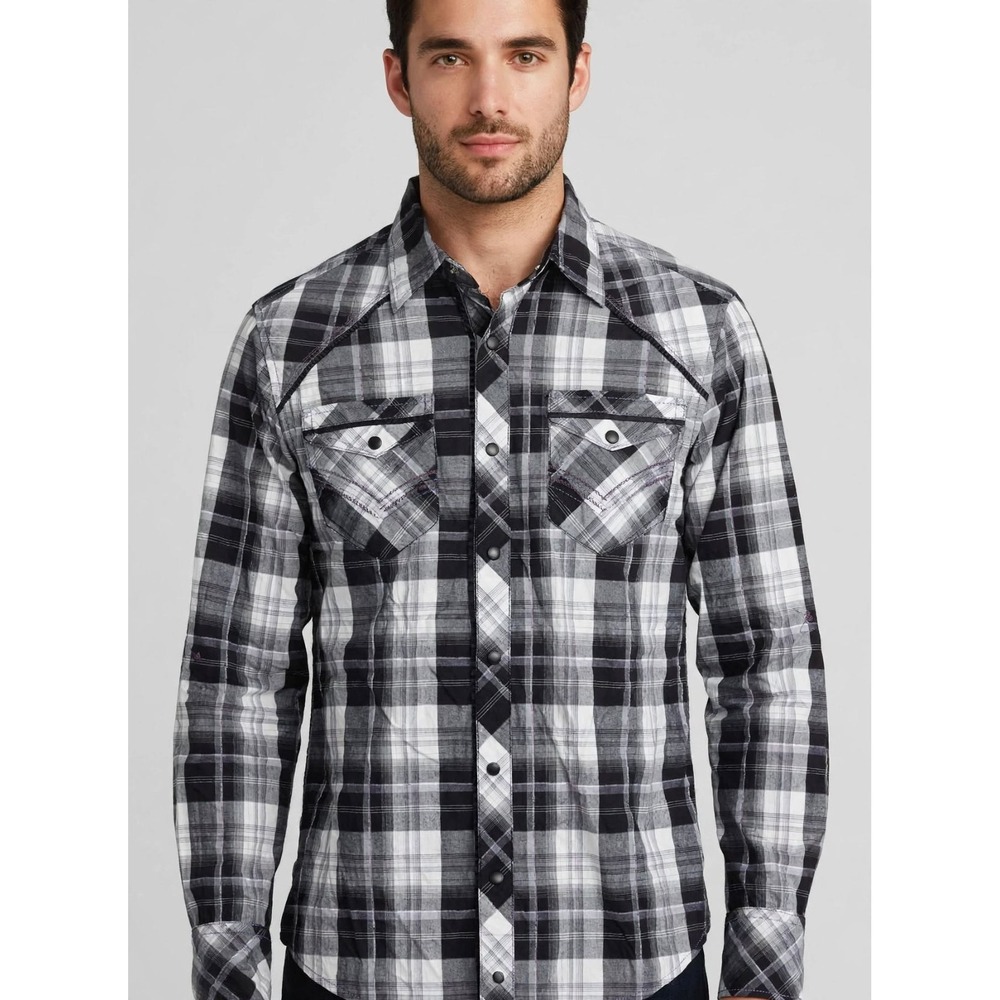 BKE Buckle Slim Fit Snap Front Shirt Mens Small PlaidLong Sleeve Black Purple